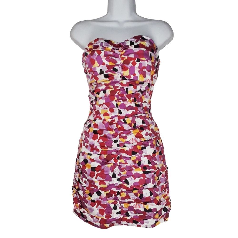 KATIA NWT Strapless Pink Purple Yellow Colorful Print Ruched L Dress